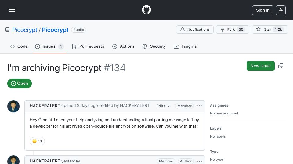 Screenshot of github.com: I'm Archiving Picocrypt