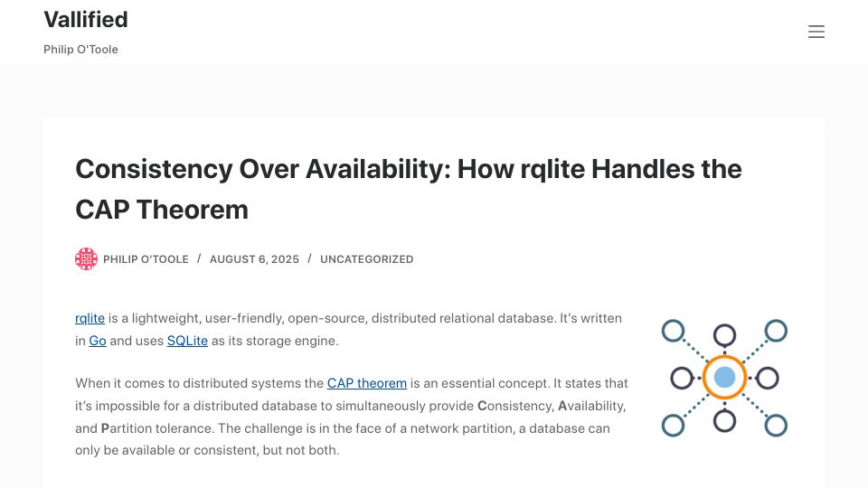 Screenshot of philipotoole.com: Consistency over Availability: How rqlite Handles the CAP theorem
