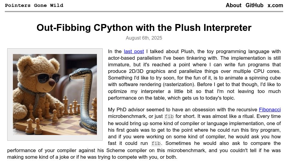 Screenshot of pointersgonewild.com: Out-Fibbing CPython with the Plush Interpreter