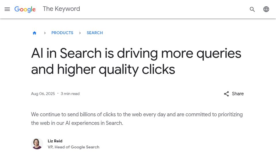 Screenshot of blog.google: AI in Search is driving more queries and higher quality clicks