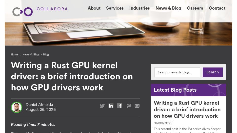 Screenshot of collabora.com: Writing a Rust GPU kernel driver: a brief introduction on how GPU drivers work