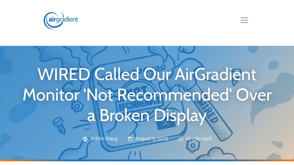 Screenshot of airgradient.com: Wired Called Our AirGradient Monitor 'Not Recommended' over a Broken Display
