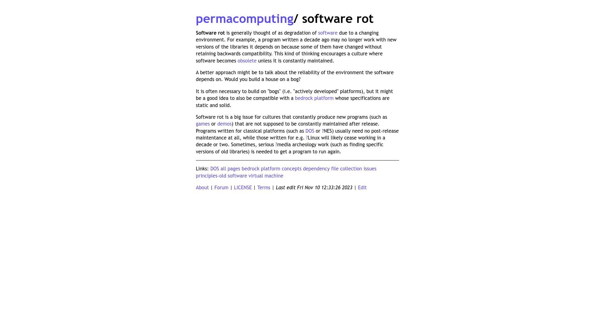 Screenshot of permacomputing.net: Software Rot