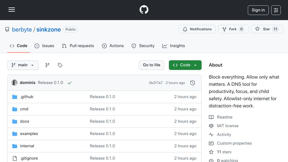 Screenshot of github.com: Show HN: Sinkzone DNS – Forwarder that blocks everything except your allowlist