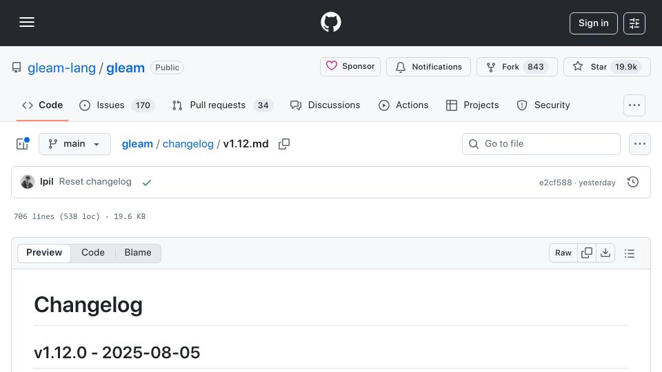 Screenshot of github.com: Gleam v1.12