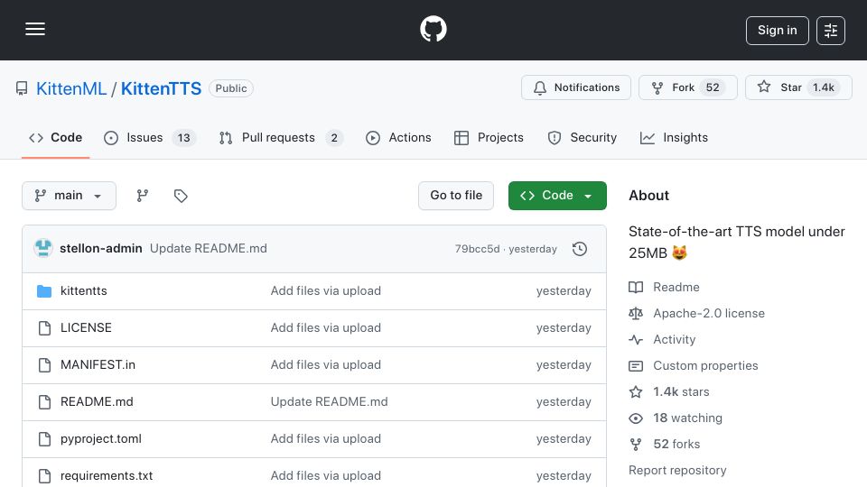 Screenshot of github.com: Show HN: Kitten TTS – 25MB CPU-Only, Open-Source TTS Model