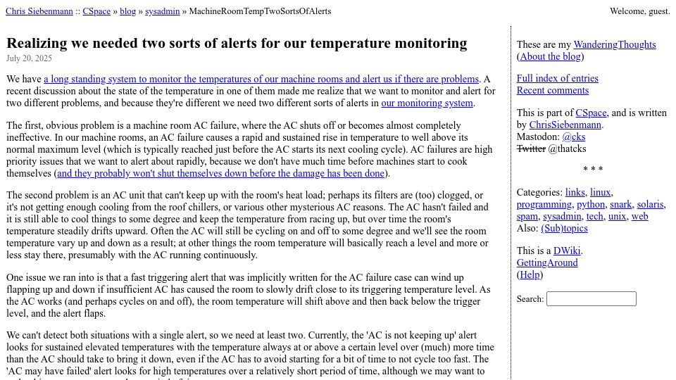 Screenshot of utcc.utoronto.ca: Realizing we needed two sorts of alerts for our temperature monitoring