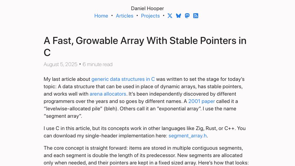 Screenshot of danielchasehooper.com: A fast, growable array with stable pointers in C