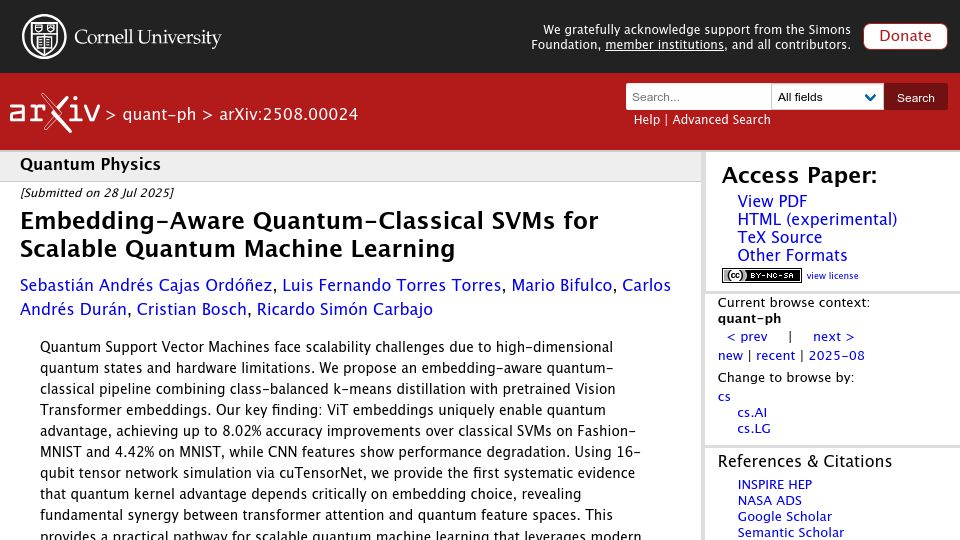 Screenshot of arxiv.org: Quantum machine learning via vector embeddings