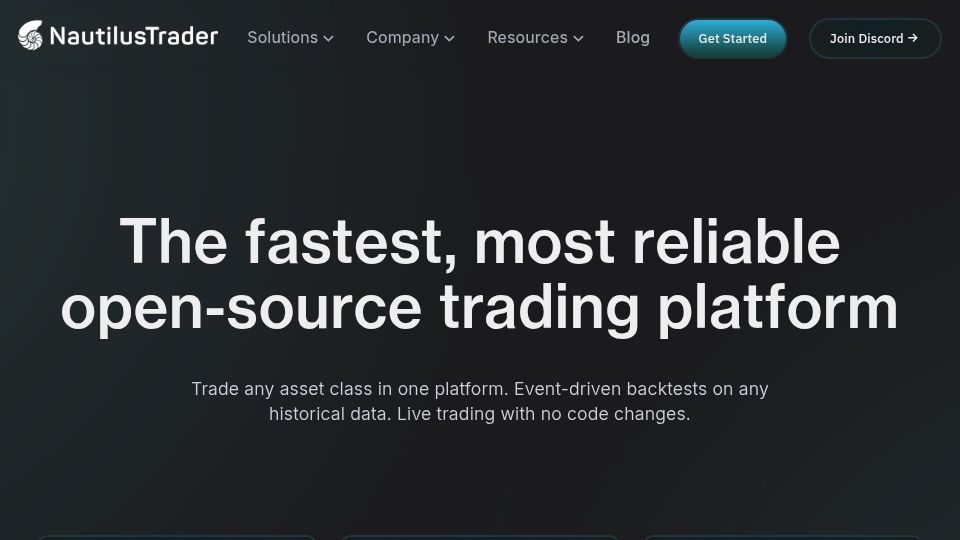 Screenshot of nautilustrader.io: NautilusTrader: Open-source algorithmic trading platform