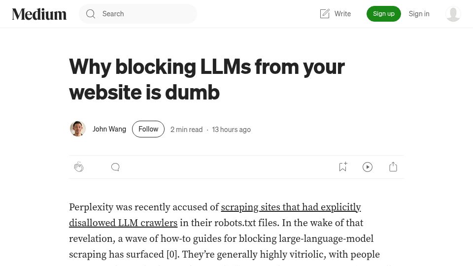 Screenshot of johnjianwang.medium.com: Blocking LLMs from your website cuts you off from next-generation search