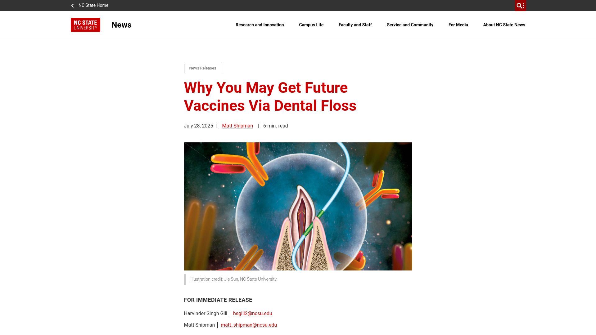 Screenshot of news.ncsu.edu: You May Get Future Vaccines via Dental Floss