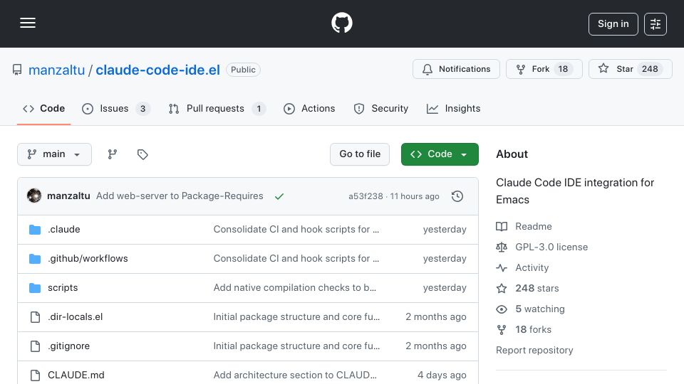 Screenshot of github.com: Claude Code IDE integration for Emacs