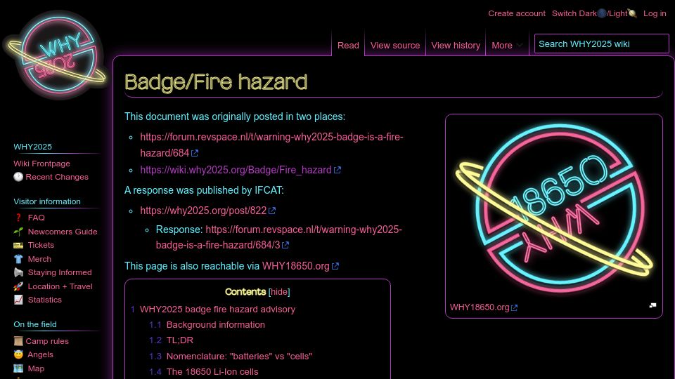 Screenshot of wiki.why2025.org: Fire hazard of WHY2025 badge due to 18650 Li-Ion cells