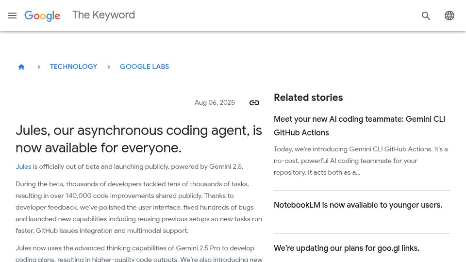 Screenshot of blog.google: Jules, our asynchronous coding agent