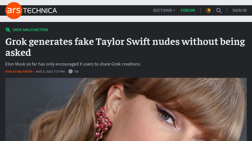 Screenshot of arstechnica.com: Grok generates fake Taylor Swift nudes without being asked