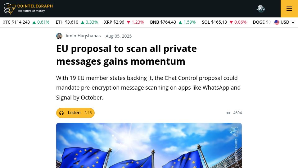 Screenshot of cointelegraph.com: EU proposal to scan all private messages gains momentum