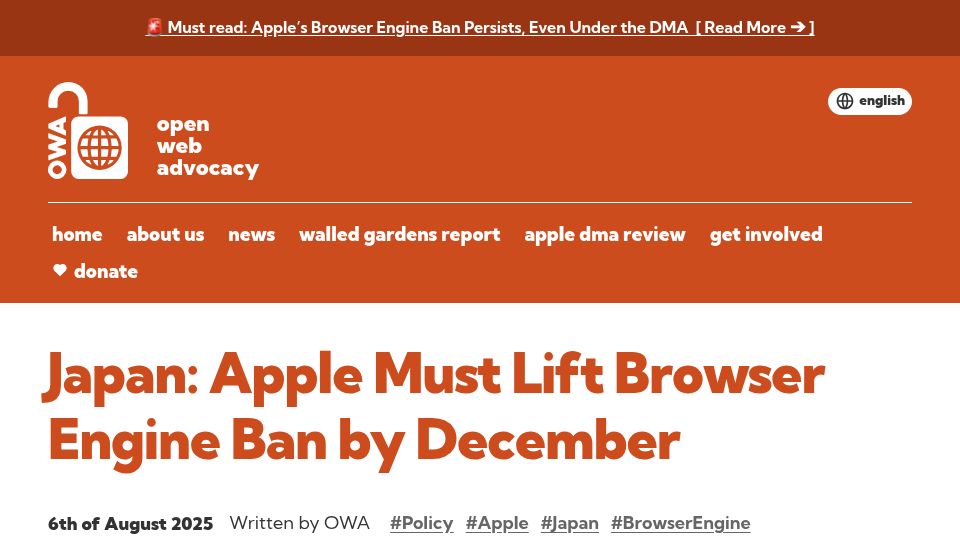 Screenshot of open-web-advocacy.org: Japan: Apple Must Lift Browser Engine Ban by December