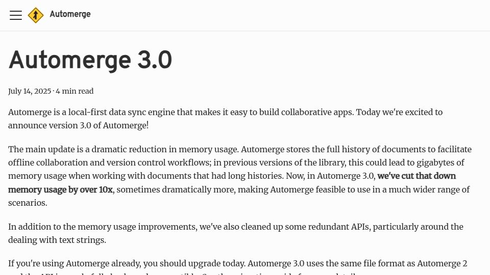 Screenshot of automerge.org: Automerge 3.0