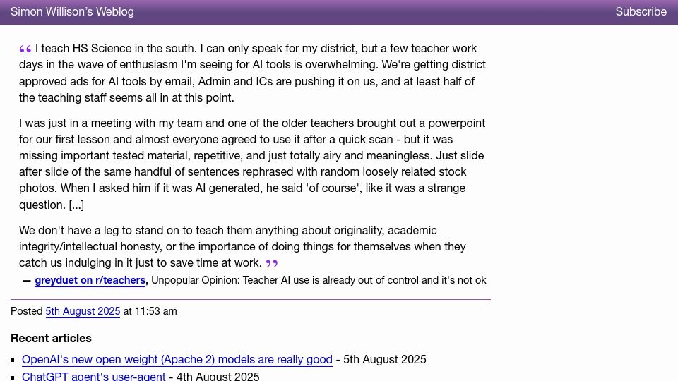 Screenshot of simonwillison.net: Teacher AI Use Is Already Out of Control and It's Not Ok