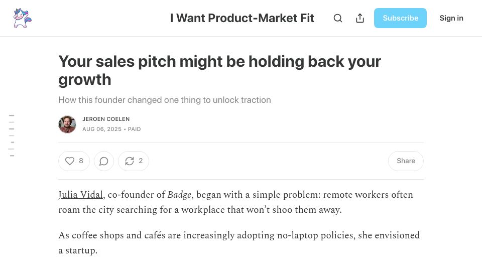 Screenshot of iwantproductmarketfit.substack.com: Coffee-shop pitch change helped founder unlock traction for laptop campers