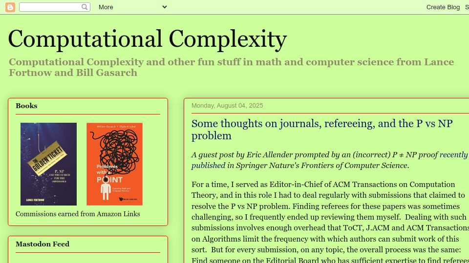 Screenshot of blog.computationalcomplexity.org: Some thoughts on journals, refereeing, and the P vs NP problem