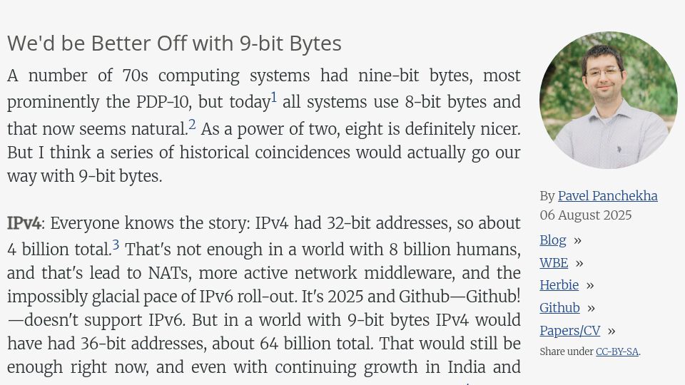 Screenshot of pavpanchekha.com: We'd be better off with 9-bit bytes