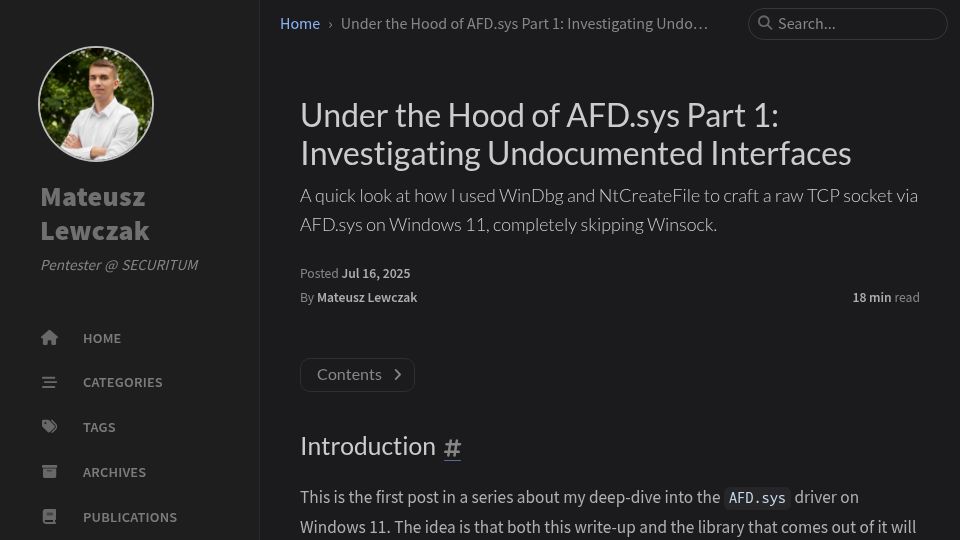 Screenshot of leftarcode.com: Under the Hood of AFD.sys Part 1: Investigating Undocumented Interfaces