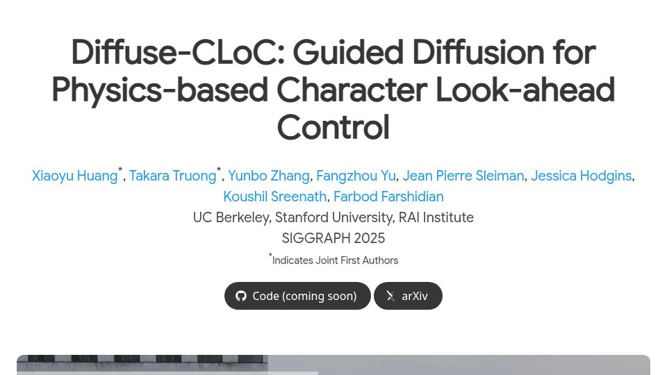 Screenshot of diffusecloc.github.io: Diffuse-CLoC: Guided Diffusion for Physics-Based Character Look-Ahead Control