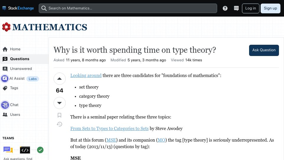 Screenshot of math.stackexchange.com: Why is it worth spending time on type theory? (2013)