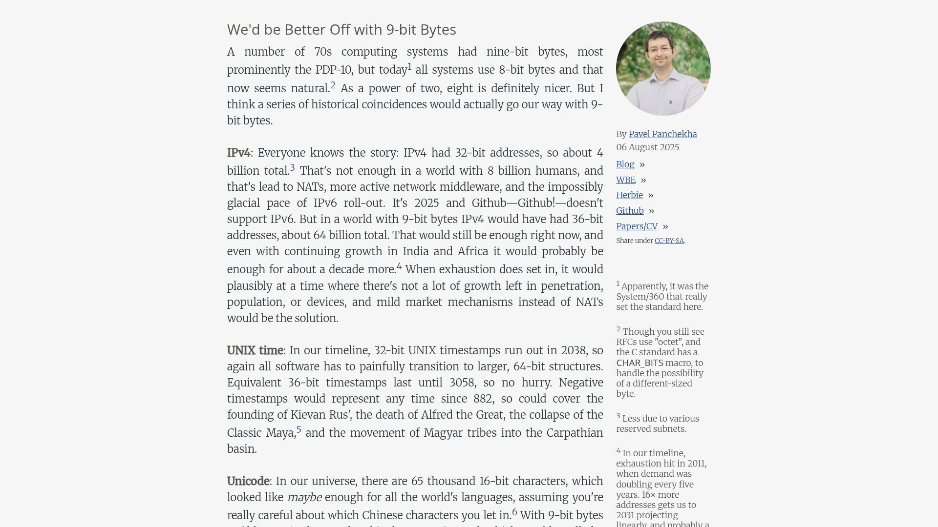 Screenshot of pavpanchekha.com: We'd be better off with 9-bit bytes