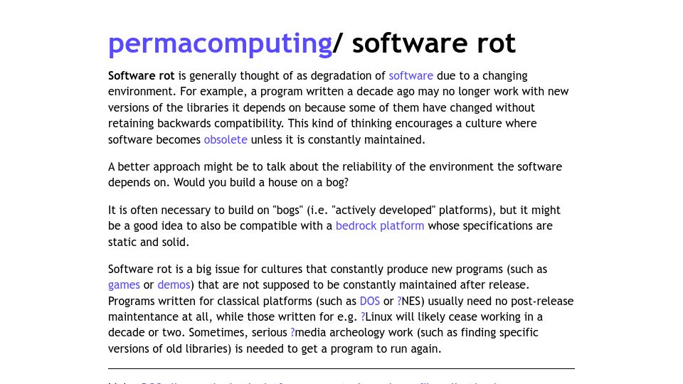 Screenshot of permacomputing.net: Software Rot