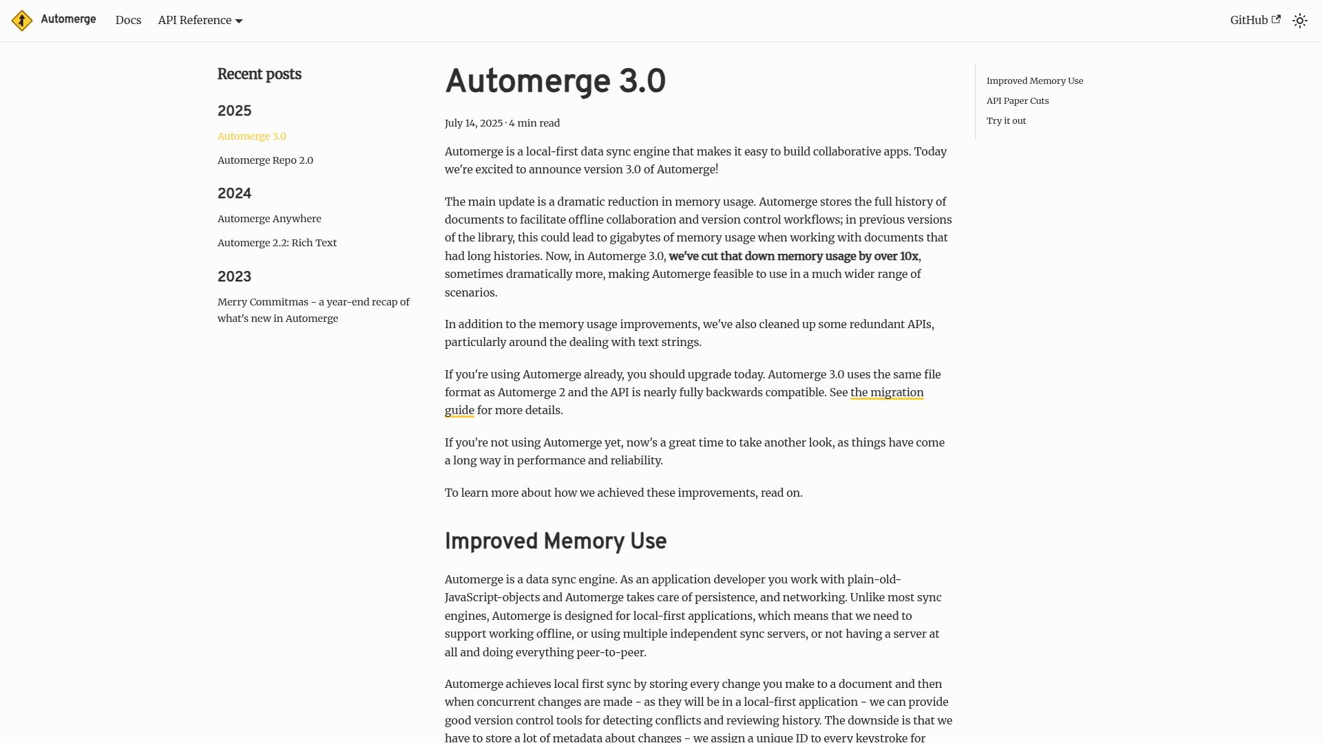 Screenshot of automerge.org: Automerge 3.0