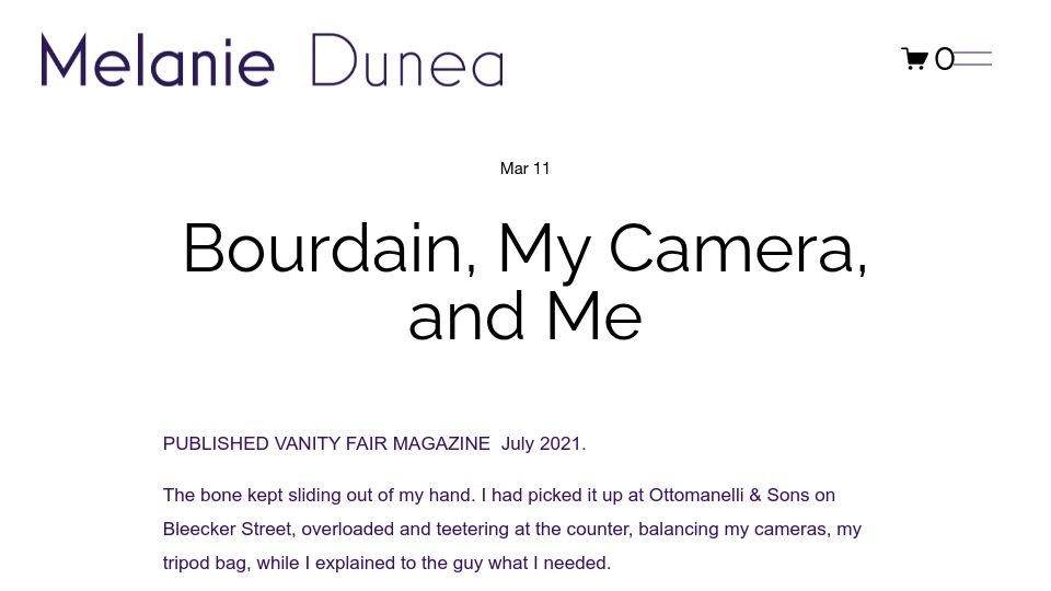Screenshot of melaniedunea.com: Bourdain, My Camera, and Me (2021)