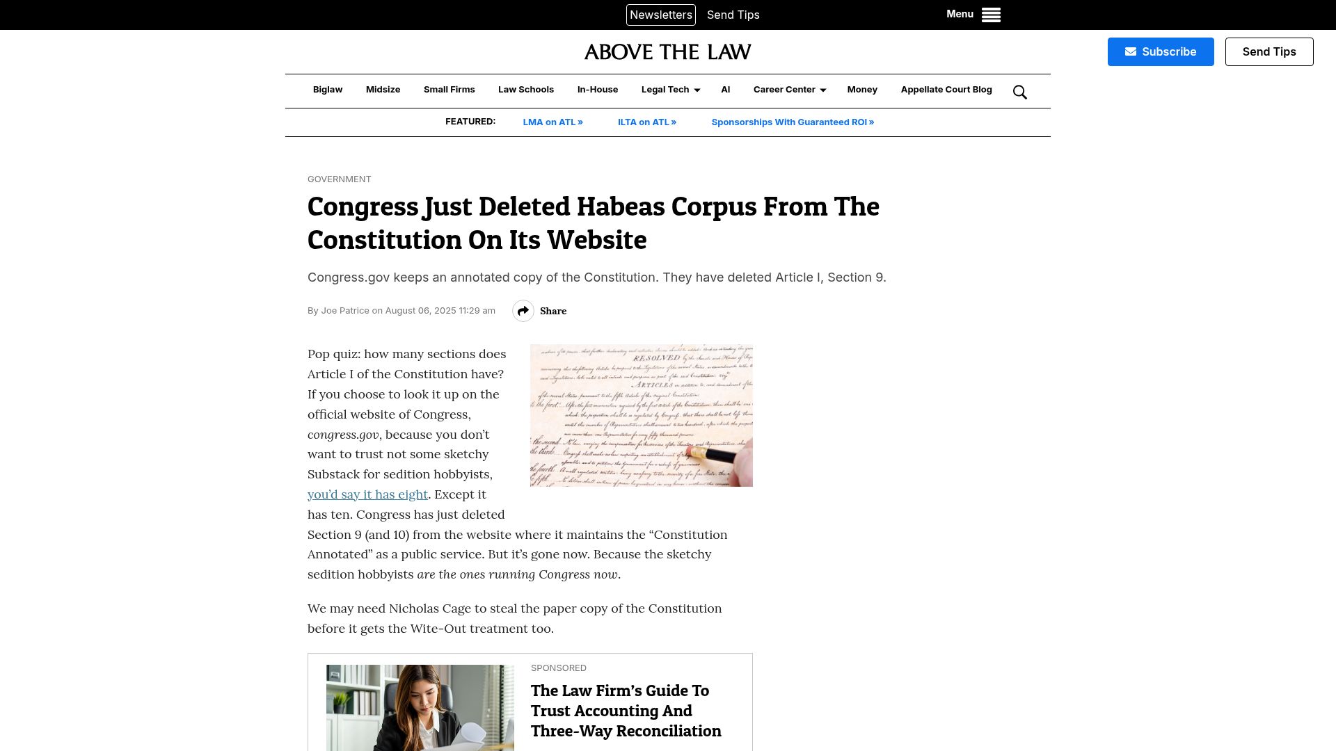 Screenshot of abovethelaw.com: Congress Just Deleted Habeas Corpus from the Constitution on Its Website