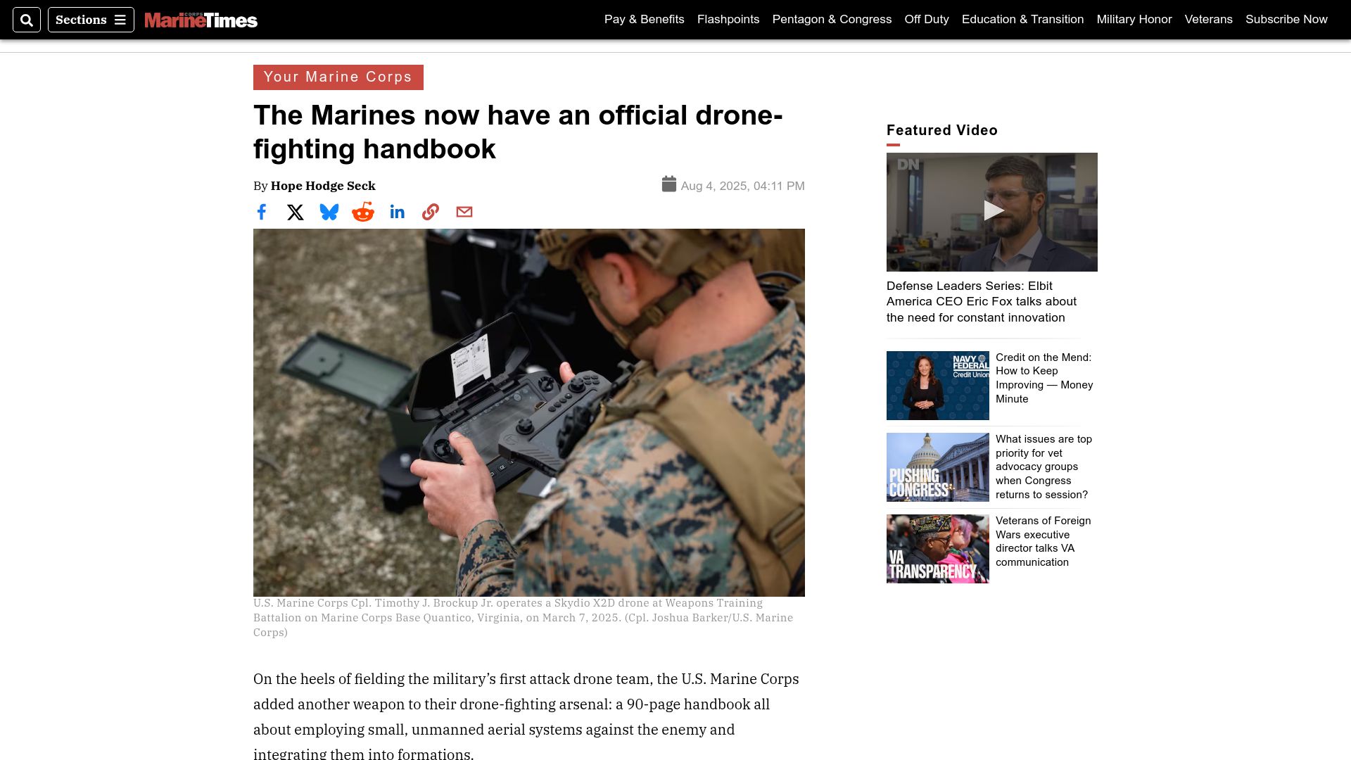 Screenshot of marinecorpstimes.com: Marines now have an official drone-fighting handbook