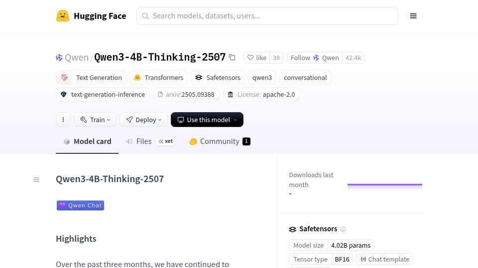 Screenshot of huggingface.co: Qwen3-4B-Thinking-2507