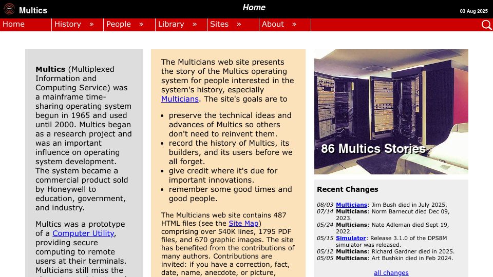 Screenshot of multicians.org: Multics
