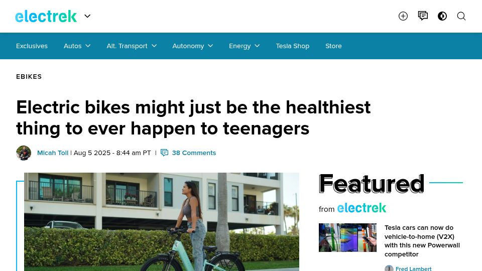 Screenshot of electrek.co: Electric bikes might just be the healthiest thing to ever happen to teenagers