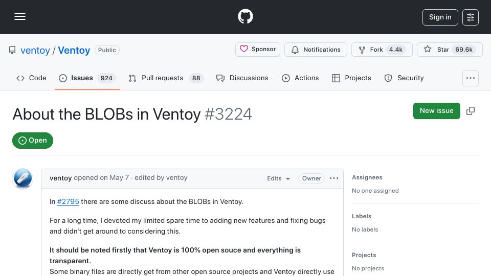 Screenshot of github.com: About the BLOBs in Ventoy