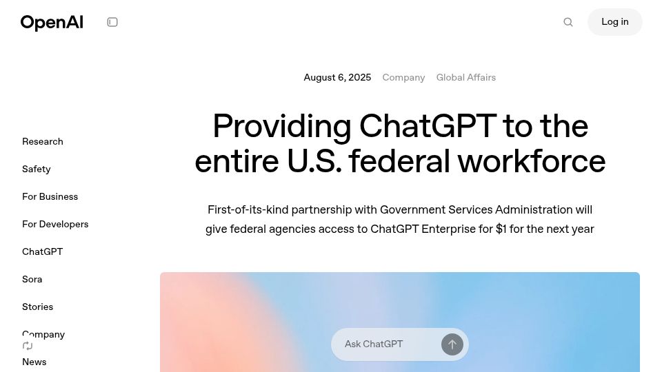 Screenshot of openai.com: Providing ChatGPT to the U.S. federal workforce