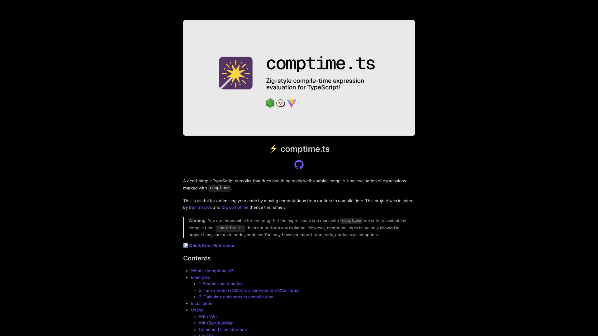 Screenshot of comptime.js.org: Comptime.ts: compile-time expressions for TypeScript