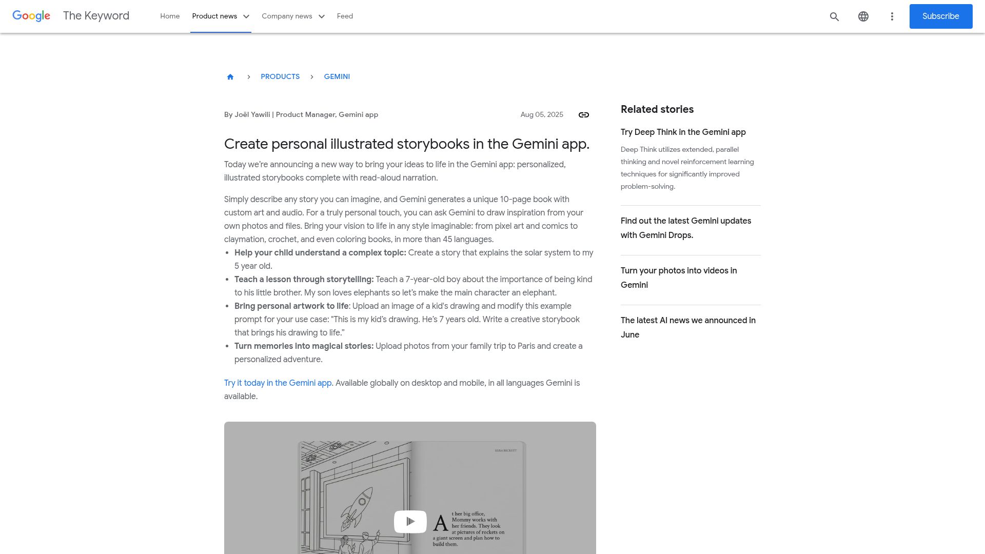 Screenshot of blog.google: Create personal illustrated storybooks in the Gemini app