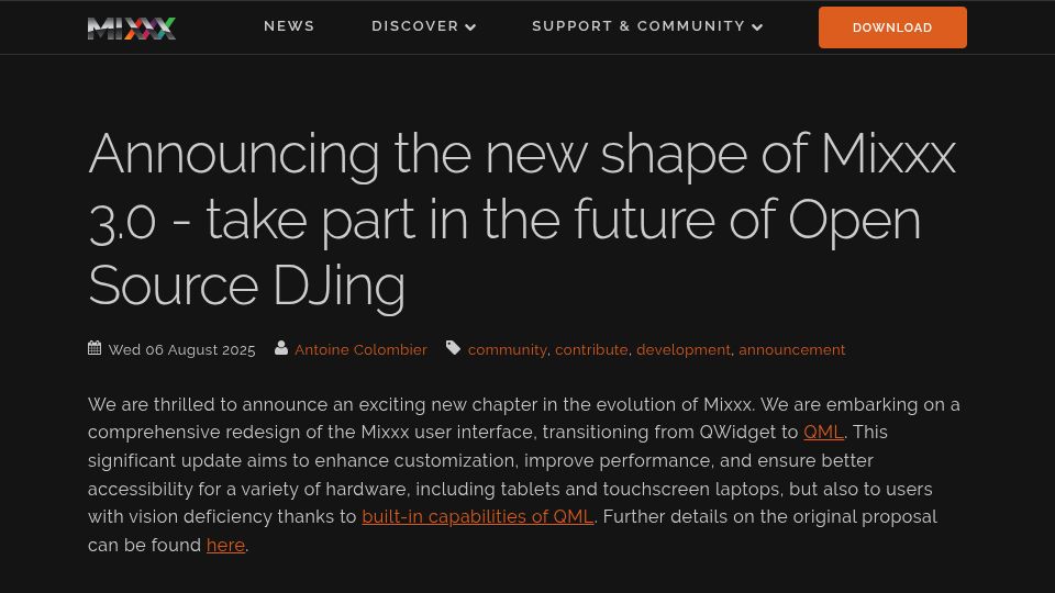 Screenshot of mixxx.org: The new shape of Mixxx 3.0 – Open Source DJing