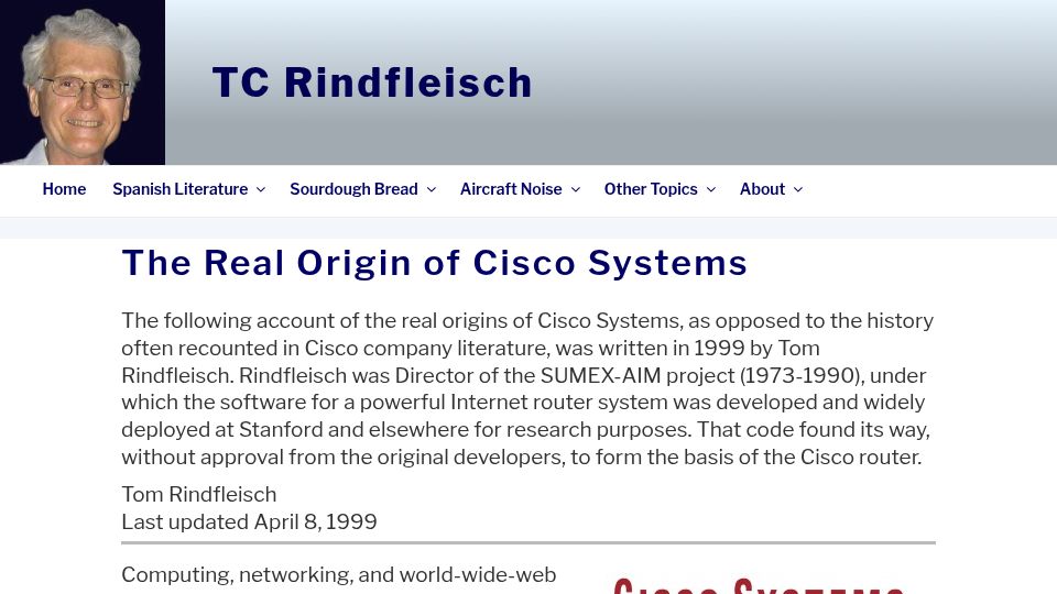 Screenshot of tcracs.org: The Real Origin of Cisco Systems (1999)