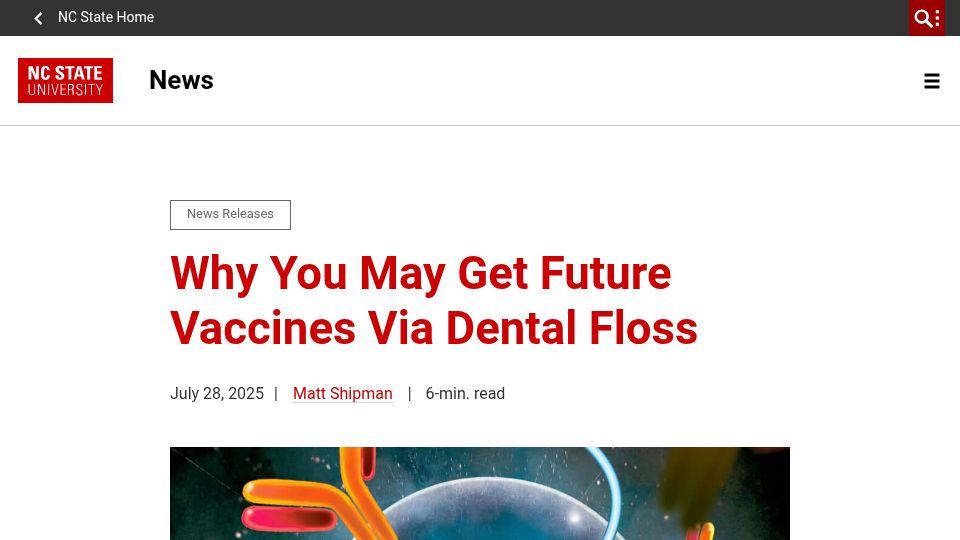 Screenshot of news.ncsu.edu: You May Get Future Vaccines via Dental Floss
