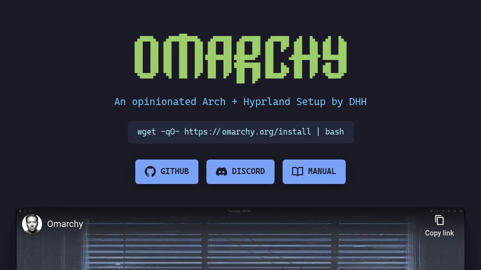 Screenshot of omarchy.org: Omarchy, a Linux Distribution by DHH