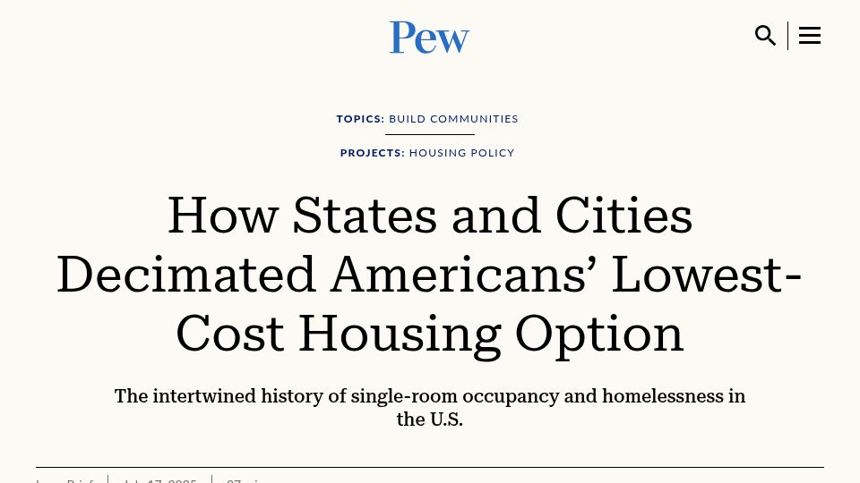 Screenshot of pew.org: States and cities decimated SROs, Americans' lowest-cost housing option