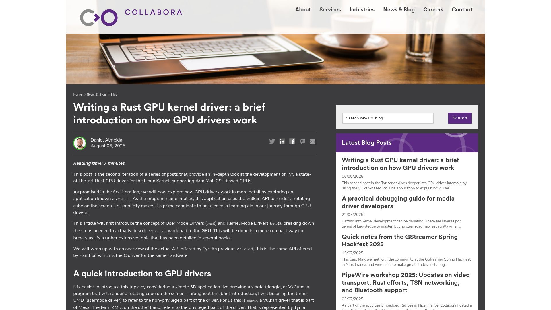 Screenshot of collabora.com: Writing a Rust GPU kernel driver: a brief introduction on how GPU drivers work